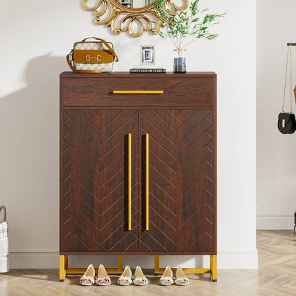 Shoe Cabinet, 20 Pair Shoe Organizer with Drawer & Adjustable Shelves, Walnut & Gold, 1

