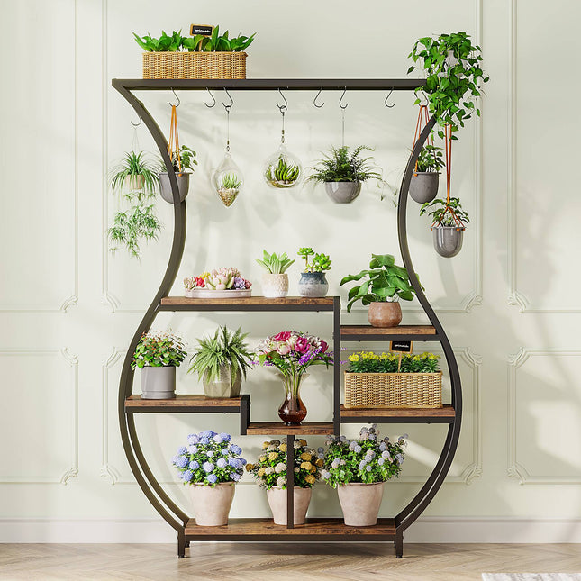 Tribesigns Plant Stand, Vase Shape 6-Tier Plant Display Rack with 10 Hanging Hooks, Brown & Black, 1