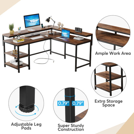 L-Shaped Desk, Corner Desk with Power Outlets & Monitor Shelves, Tribesigns, 5