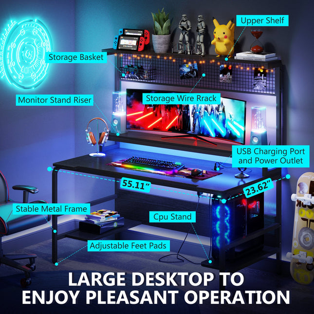 Gaming Desk, Gaming Desk with 2-Outlet & 2 USB Ports, Computer Desk with Monitor Stand, Tribesigns, 2