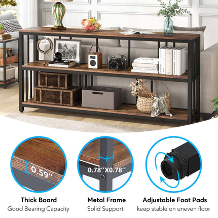 Console Table, 70.9-Inch Sofa Table, 3 Tiers Narrow Long Sofa Table, Rustic Brown & Black, Tribesigns, 5