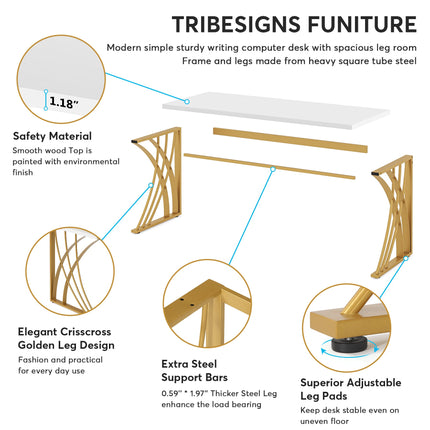 Tribesigns - Computer Desk, 55’’ Modern Laptop PC Student Table, White & Gold