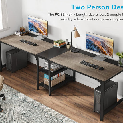 90.55'' Two Person Desk, Double Computer Desk with Storage Shelves, Gray & Black, Tribesigns, 6