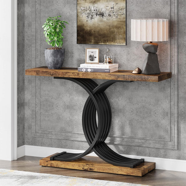 Industrial Entryway Table, 39-Inch Vintage Console Table Accent Table Metal Legs, Rustic Brown & Black, Tribesigns, 1