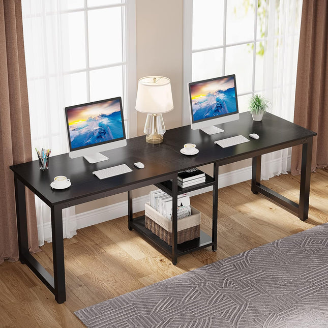 78.74-Inch Two Person Desk, Double Computer Desk with Storage Shelves, Black, Tribesigns, 2