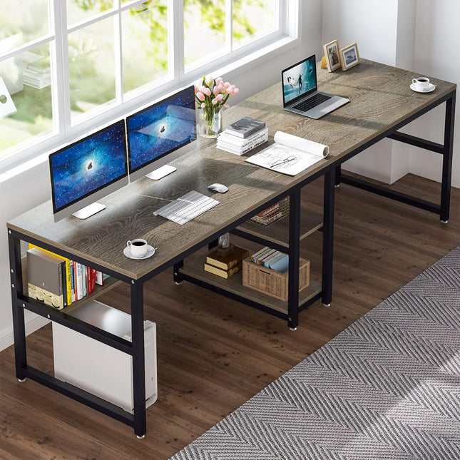 Tribesigns - 78.7-Inch Two Person Desk, Double Computer Desk with Bookshelf, Gray