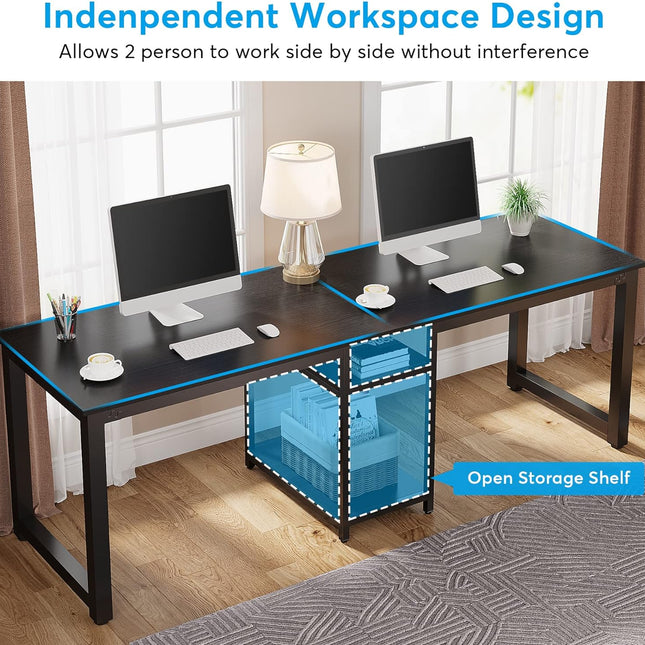 78.74-Inch Two Person Desk, Double Computer Desk with Storage Shelves, Black, Tribesigns, 5