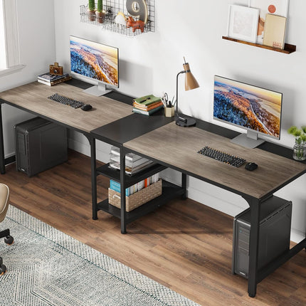 90.55'' Two Person Desk, Double Computer Desk with Storage Shelves, Gray & Black, Tribesigns, 4