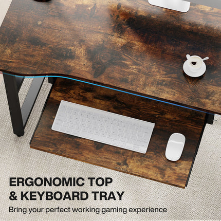 94.5-Inch Two Person Desk, Double Computer Desk with Keyboard Tray & LED Lights, Rustic Brown, Tribesigns 6
