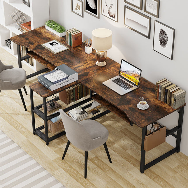 94.5-Inch Two Person Desk, Double Computer Desk with Keyboard Tray & LED Lights, Rustic Brown, Tribesigns 2