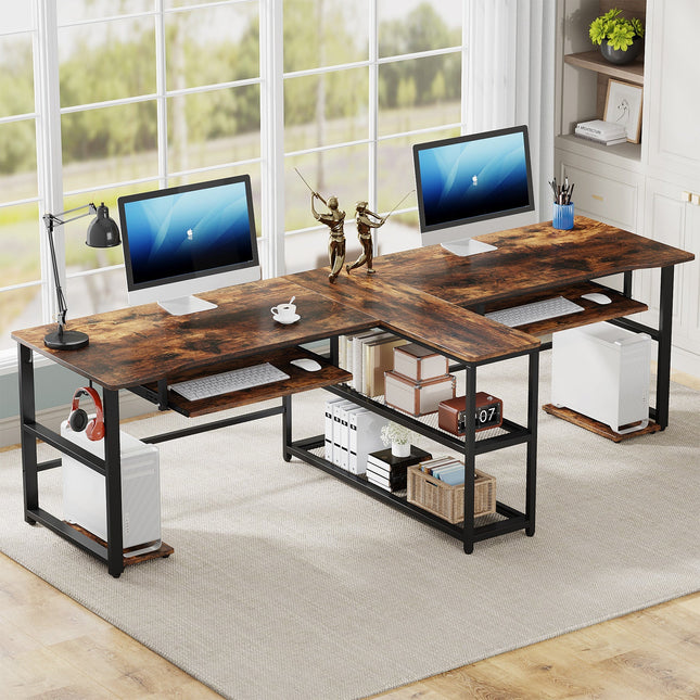 94.5-Inch Two Person Desk, Double Computer Desk with Keyboard Tray & LED Lights, Rustic Brown, Tribesigns 1
