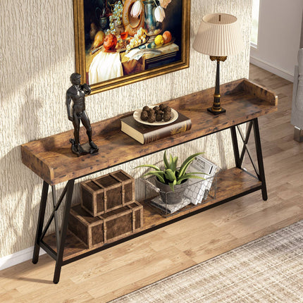 Industrial Console Table, 2-Tier Narrow Sofa Table Behind Couch, Brown, Tribesigns, 4
