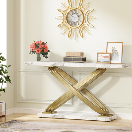 Console Table, 55 inch Modern Faux Marble Sofa Entryway Table, Faux Marble White & Gold, Tribesigns, 2