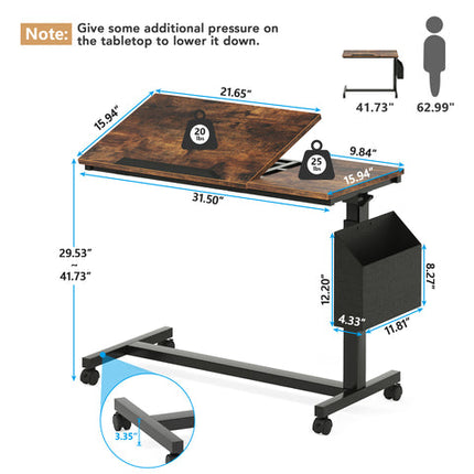 Portable Laptop Desk, C Table, C Side Table, Sofa Side Table, Couch Side Table, Adjustable, with Wheels, Tribesigns, 4