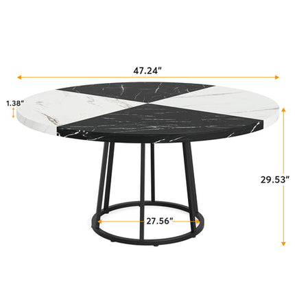 Round Dining Table for 4 People, 47-Inch Kitchen Table with Circle Metal Base, Black & White, Tribesigns, 5