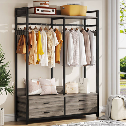 Freestanding Closet Organizer, Garment Rack with Drawers & Shelves, Gray