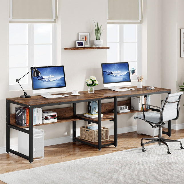 Two Person Desk, 78.7-Inch Computer Double Desk with Bookshelf, Rustic, Tribesigns, 1