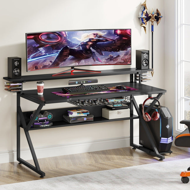 Gaming Desk,  47-Inch, Gaming Computer Desk, Gaming PC Desk, Computer Desk with Monitor Stand and Shelf, Black, Tribesigns, 1