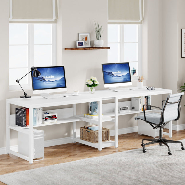 78.7-Inch Two Person Desk, Double Computer Desk with Bookshelf, White, Tribesigns, 1
