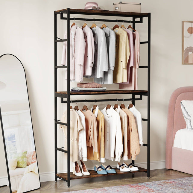 Garment Rack with Shelves & Hanging Rods, Rustic Brown