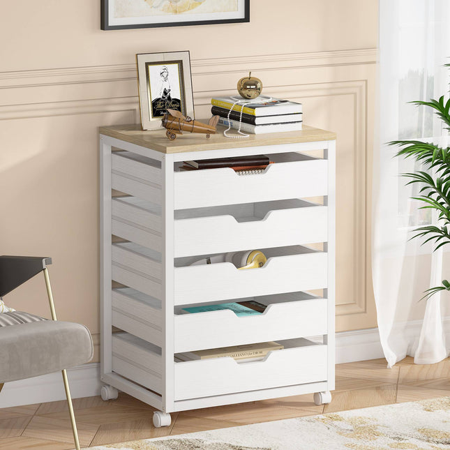 Tribesign - 5 Drawer Chest, Wood Storage Dresser Cabinet with Wheels, White