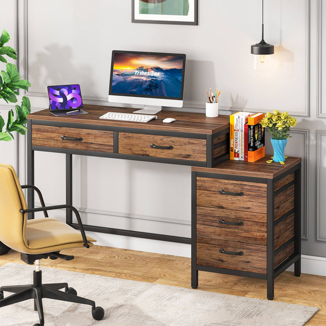 Writing Desk with Drawers & File Cabinet, Wood Writing Desk, Computer Desk with Drawer, Tribesigns