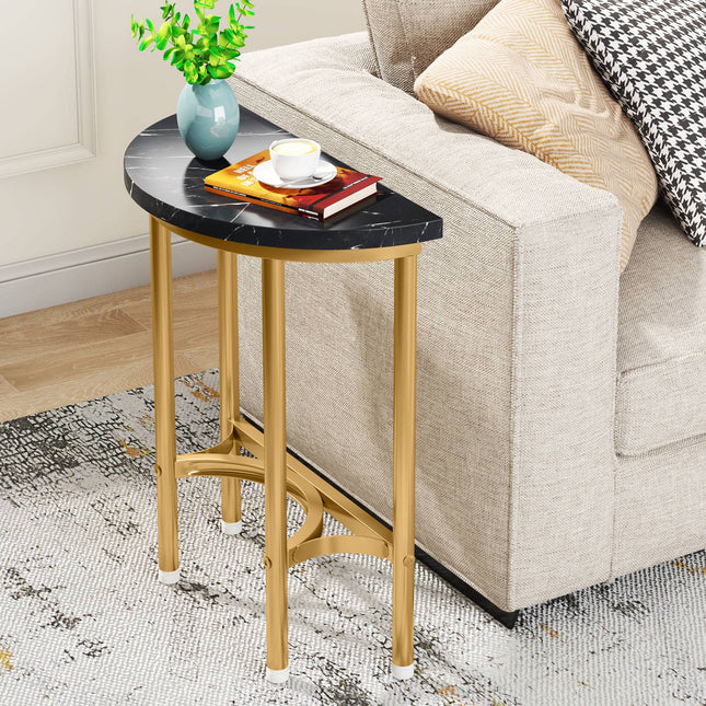 End Table, 20-Inch Half Round Faux Marble Side Table, Faux Marble Black & Gold