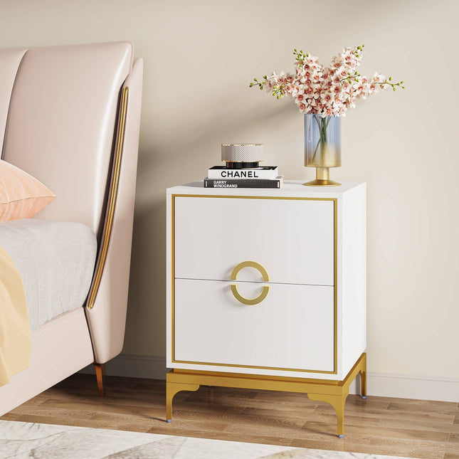Nightstand, Modern Tall Bedside, Table with 2-Drawer
