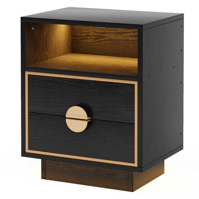 Tribesign - LED Nightstand, 2 Drawers Bedside End Table with Led Lights, Black