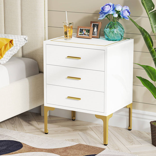 Tribesigns - 3-Drawer Nightstand, White and Gold
