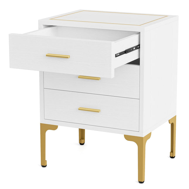 Tribesigns - 3-Drawer Nightstand, Modern Bedside Table with Square Side Top, White and Gold