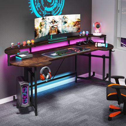 Tribesigns - Gaming Desk 75" , Computer Desk with LED Strip & Monitor Shelf