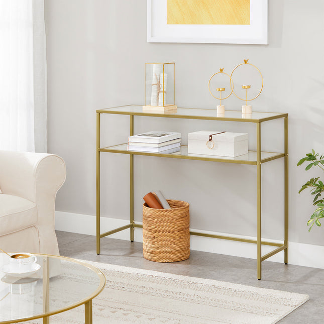 Console Table, 39.4”, Entryway Table, Modern, Sofa Table, Tempered Glass Table, 2 Shelves, Adjustable Feet, Gold, VASAGLE, 2