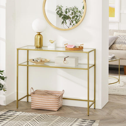 VASAGLE - Console Table, Modern Sofa or Entryway Table, Tempered Glass Table, Metal Frame, 2 Shelves, Adjustable Feet