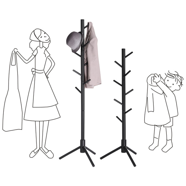 VASAGLE - Coat Rack, Solid Wood Coat Stand, Free Standing Hall Coat Tree with 8 Hooks for Coats, Hats, Bags, Black