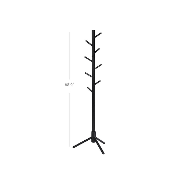 VASAGLE - Coat Rack, Solid Wood Coat Stand, Free Standing Hall Coat Tree with 8 Hooks for Coats, Hats, Bags, Purses, for Entryway, Hallway, Black