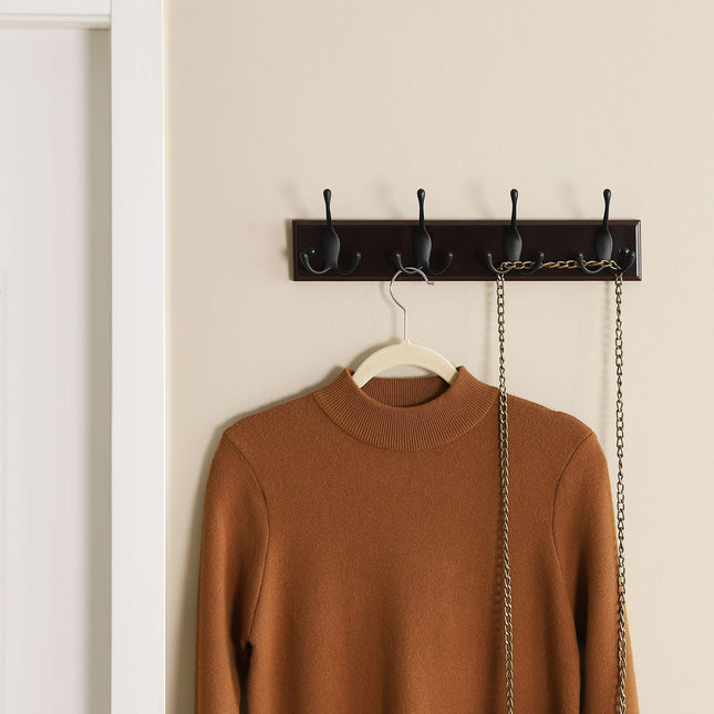 SONGMICS - Wall Mounted Coat Rack Hook Rail Rack with 4 Tri-Hooks for Entryway Bathroom Closet Room, Dark Brown