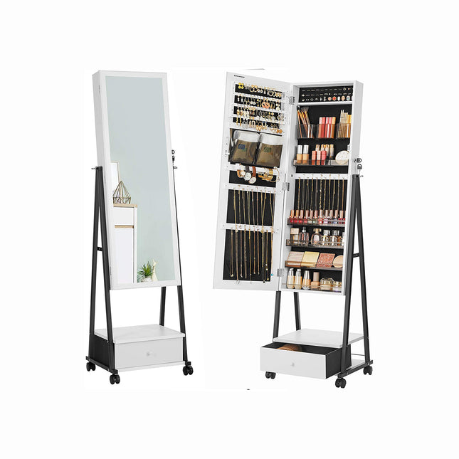 SONGMICS - Jewelry Cabinet Floor Standing, Lockable Jewelry Organizer with High Full-Length Mirror, Bottom Drawer, Shelf, Distressed White and Black