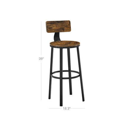 Bar Stools, Tall Bar Chairs with Backrest, Set of 2 Kitchen Stools, Heavy-Duty Steel Frame, 28.8-Inch High