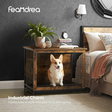 FEANDREA - Wooden Dog Crate, Indoor Pet Crate End Table, Dog Furniture with Removable Tray, Rustic Brown and Black