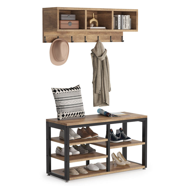 Coat Rack Shoe Bench Set, Hall Tree with Wall Mounted Shelf, Vintage Oak