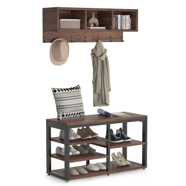 Coat Rack Shoe Bench Set, Hall Tree with Wall Mounted Shelf, Rustic Brown
