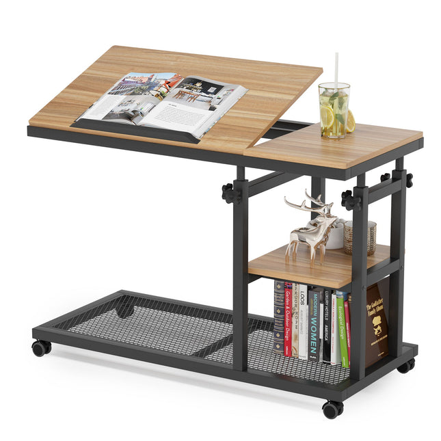 C Table, Portable Laptop Desk, C Table for Sofa, Mobile Snack Side Table with Tiltable Drawing Board, Oak, Tribesigns