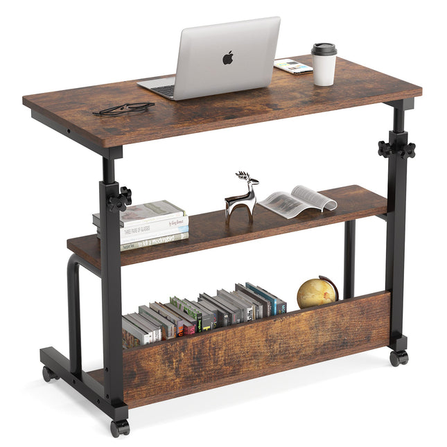 C Table, Height Adjustable Bedside Sofa Table with Wheels, Rustic Brown