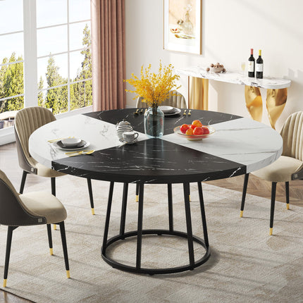 Round Dining Table for 4 People, 47-Inch Kitchen Table with Circle Metal Base, Black & White, Tribesigns, 2