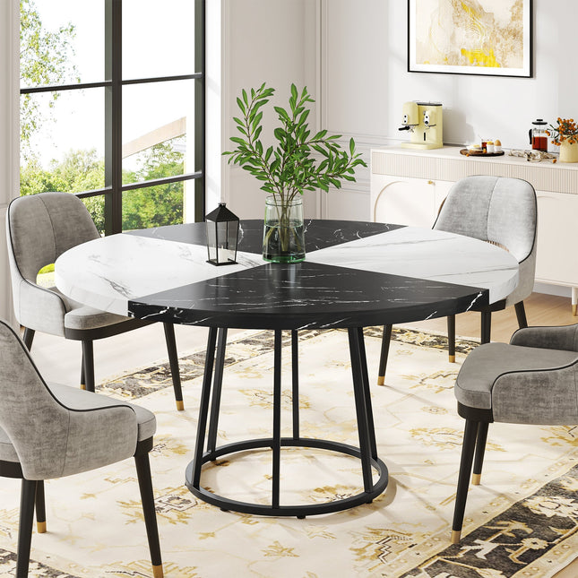 Round Dining Table for 4 People, 47-Inch Kitchen Table with Circle Metal Base, Black & White, Tribesigns