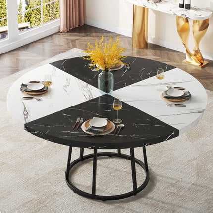 Round Dining Table for 4 People, 47-Inch Kitchen Table with Circle Metal Base, Black & White, Tribesigns, 3