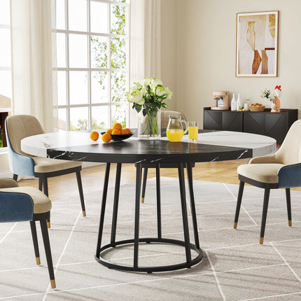 Round Dining Table for 4 People, 47" Kitchen Table with Circle Metal Base, Black & White, Tribesigns, 1