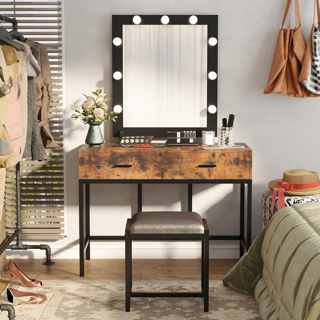 Makeup Vanity, Dressing Table with 9 Lights and 2 Drawers, Rustic & Black