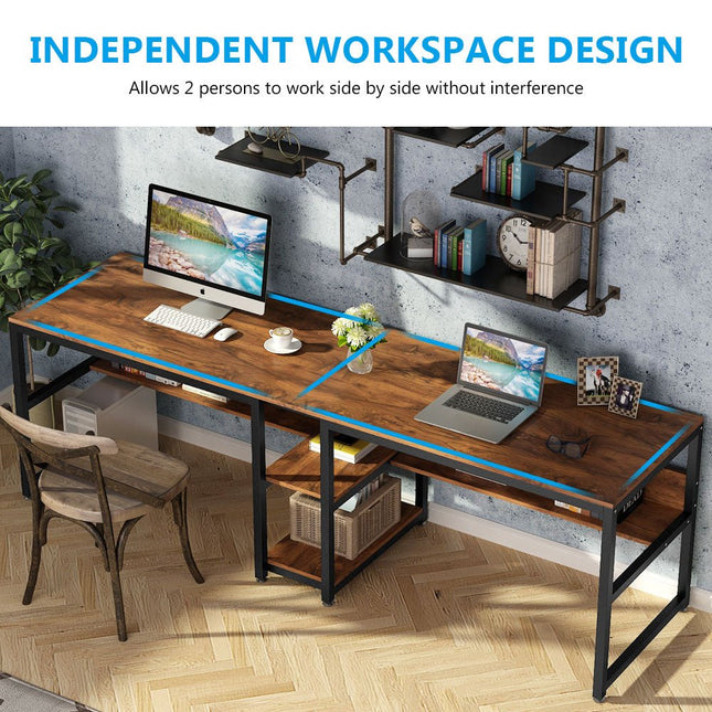 Two Person Desk, 78.7-Inch Computer Double Desk with Bookshelf, Rustic, Tribesigns, 2